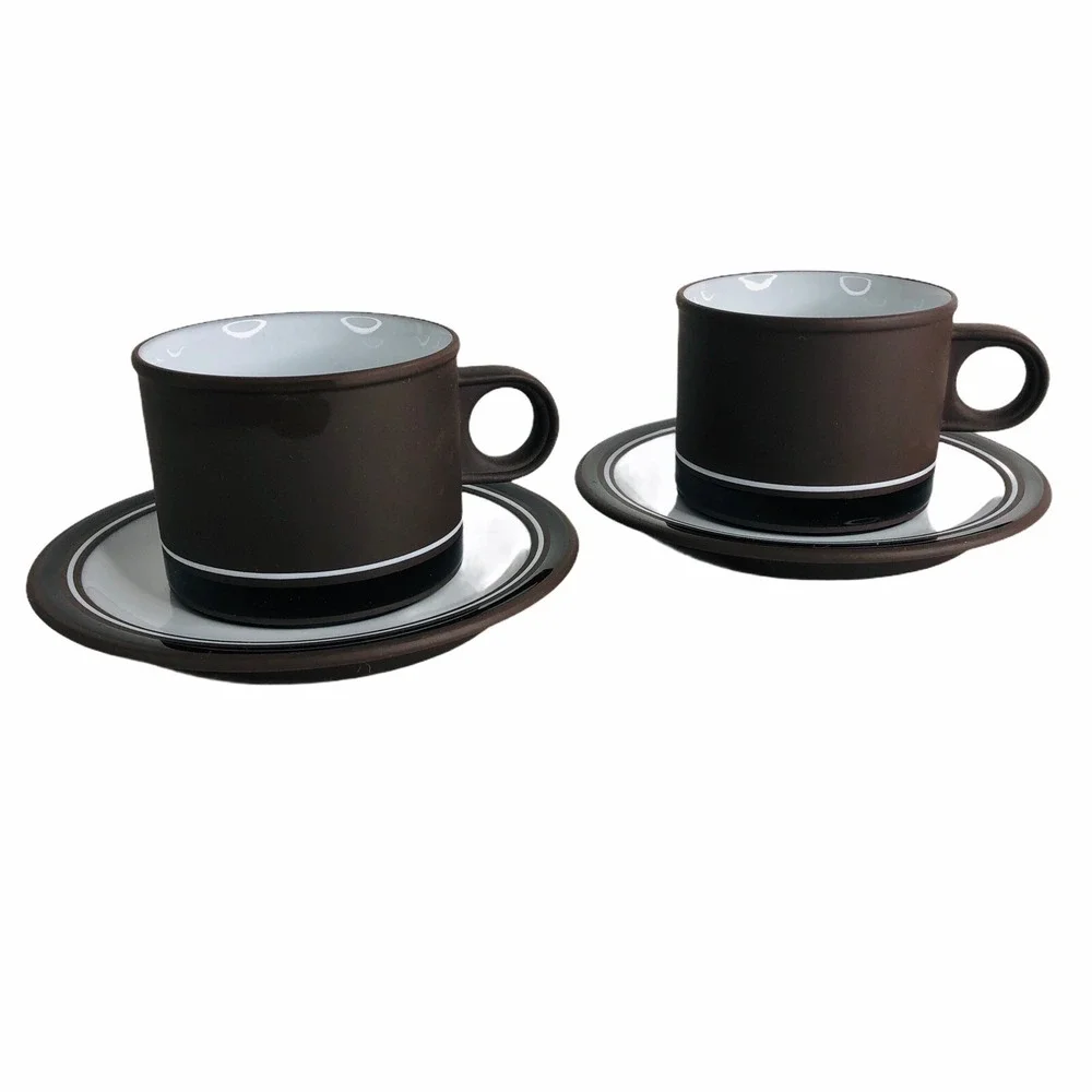 2 Lancaster Vitramic Contrast Hornsea England‎ Flat Cup & Saucer Set Brown White